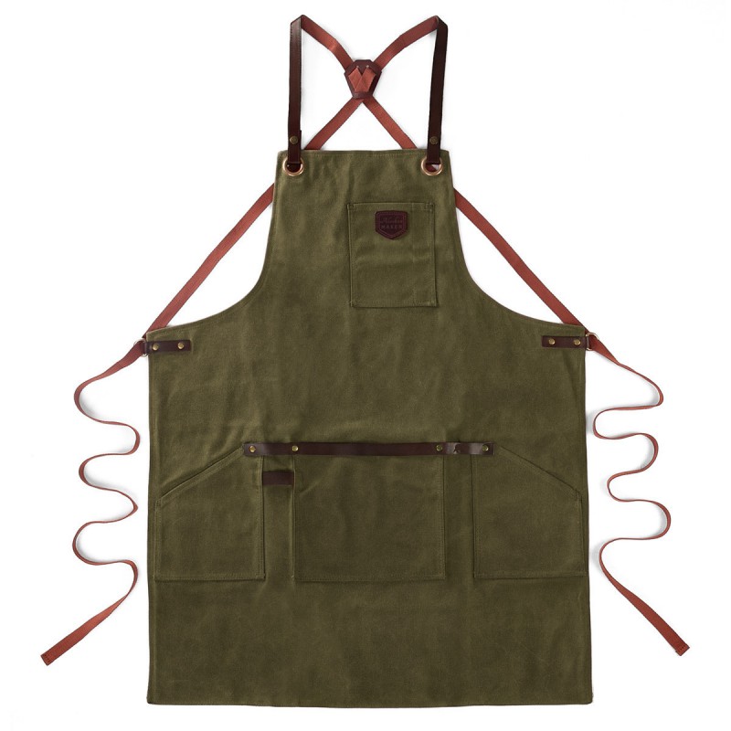 N°547 Tablier de Cuisine à Bretelles Toile Coton Enduit et Cuir Vert Olive  - Alaskan Maker