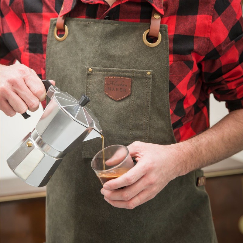 N°547 Keukenschort met Bandjes Gecoat katoenen Canvas Leer Olijfgroen - Alaskan Maker