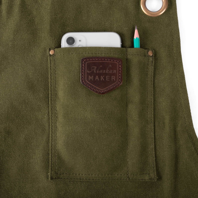 N°547 Tablier de Cuisine à Bretelles Toile Coton Enduit et Cuir Vert Olive  - Alaskan Maker