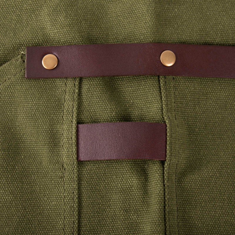 N°547 Tablier de Cuisine à Bretelles Toile Coton Enduit et Cuir Vert Olive  - Alaskan Maker
