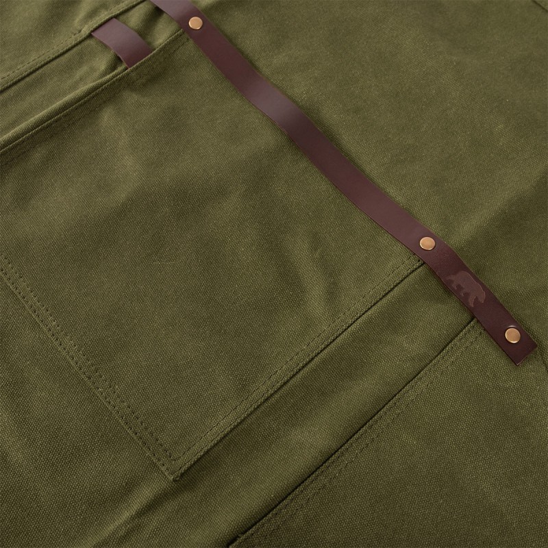N°547 Tablier de Cuisine à Bretelles Toile Coton Enduit et Cuir Vert Olive  - Alaskan Maker