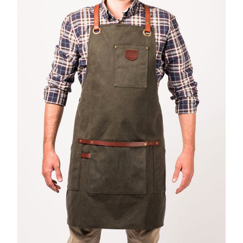 N°547 Keukenschort met Bandjes Gecoat katoenen Canvas Leer Olijfgroen - Alaskan Maker