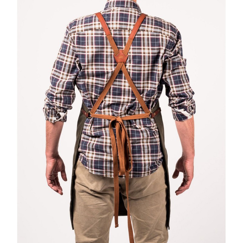 N°547 Tablier de Cuisine à Bretelles Toile Coton Enduit et Cuir Vert Olive  - Alaskan Maker