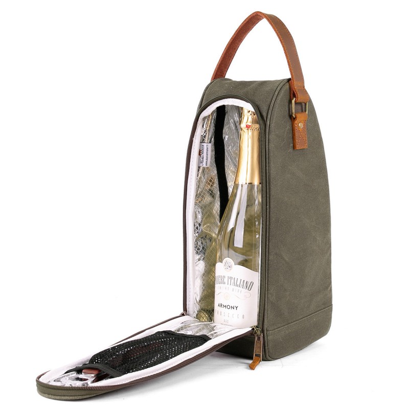Geïsoleerde Tas voor 2 Flessen Wijn of Champagne Gecoat Canvas Kaki Groen - Alaskan Maker