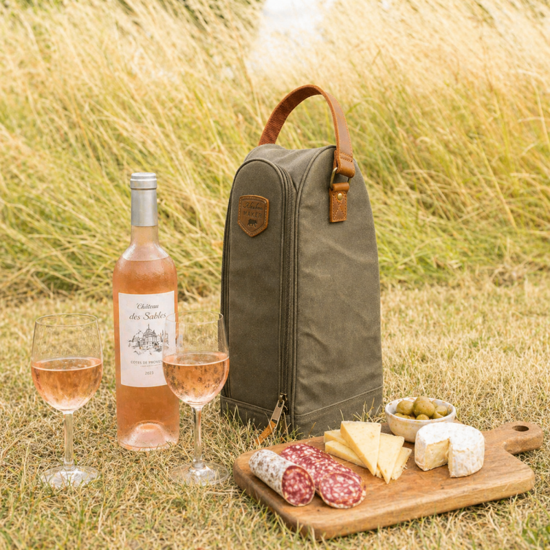 Geïsoleerde Tas voor 2 Flessen Wijn of Champagne Gecoat Canvas Kaki Groen - Alaskan Maker