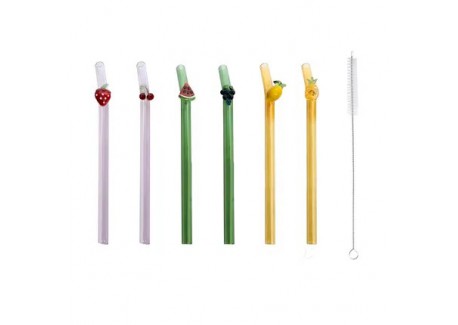 Glazen herbruikbare drinkrietjes met Vruchten 6 dlg + Reinigingsborstel 16 cm - Point Virgule