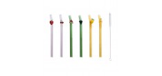Pailles Réutilisables Colorées en Verre Motif Fruits 6 pcs + Goupillon 16 cm 