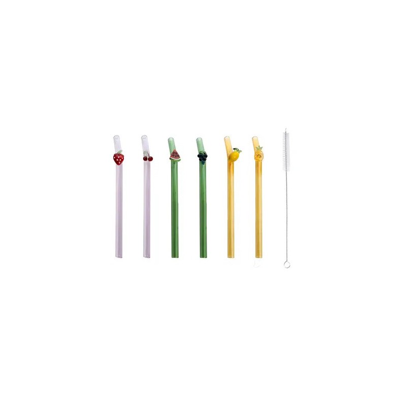 Glazen herbruikbare drinkrietjes met Vruchten 6 dlg + Reinigingsborstel 16 cm - Point Virgule