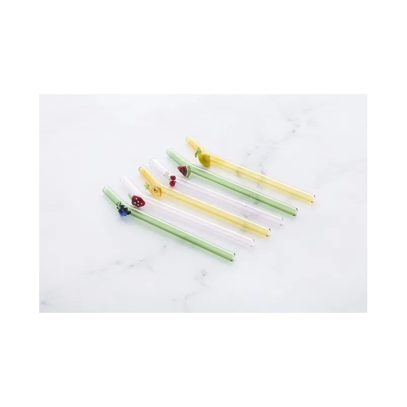 Glazen herbruikbare drinkrietjes met Vruchten 6 dlg + Reinigingsborstel 16 cm - Point Virgule