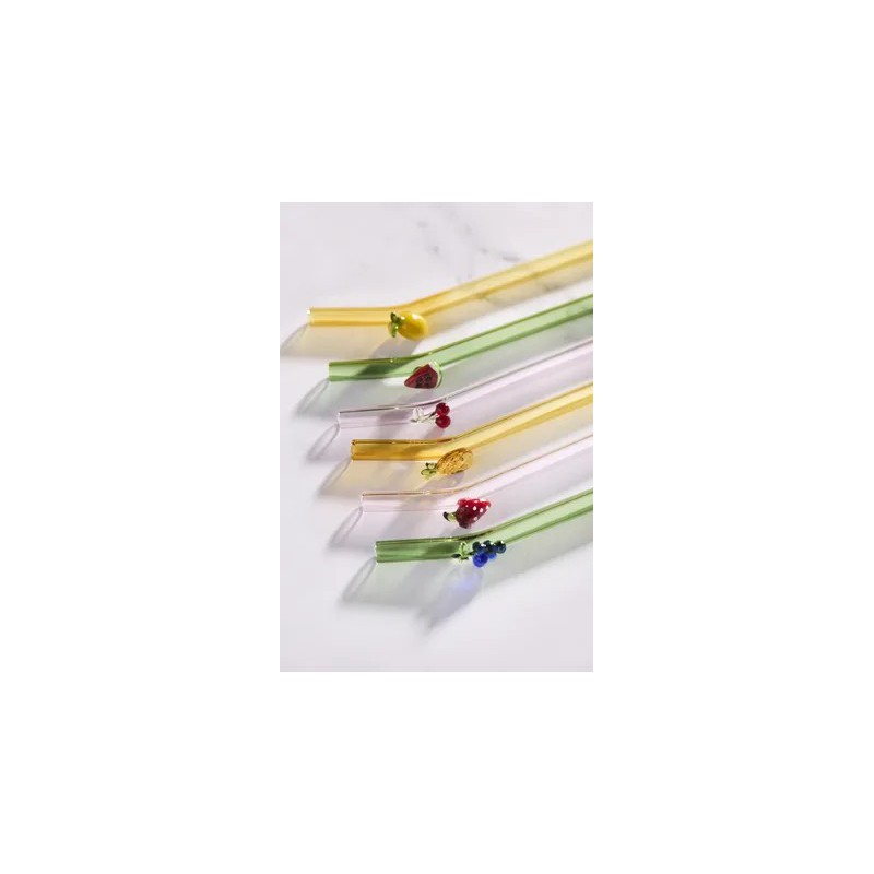Glazen herbruikbare drinkrietjes met Vruchten 6 dlg + Reinigingsborstel 16 cm - Point Virgule