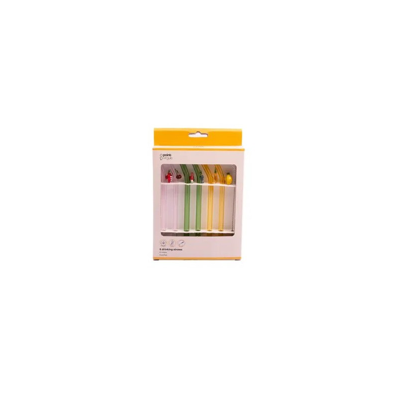 Glazen herbruikbare drinkrietjes met Vruchten 6 dlg + Reinigingsborstel 16 cm - Point Virgule