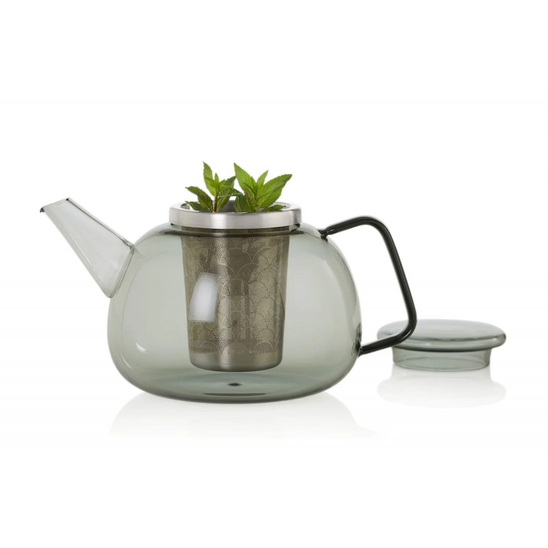 Yuna Grijs Glazen Theepot Met RVS Filter 1,6 L - Ad Hoc