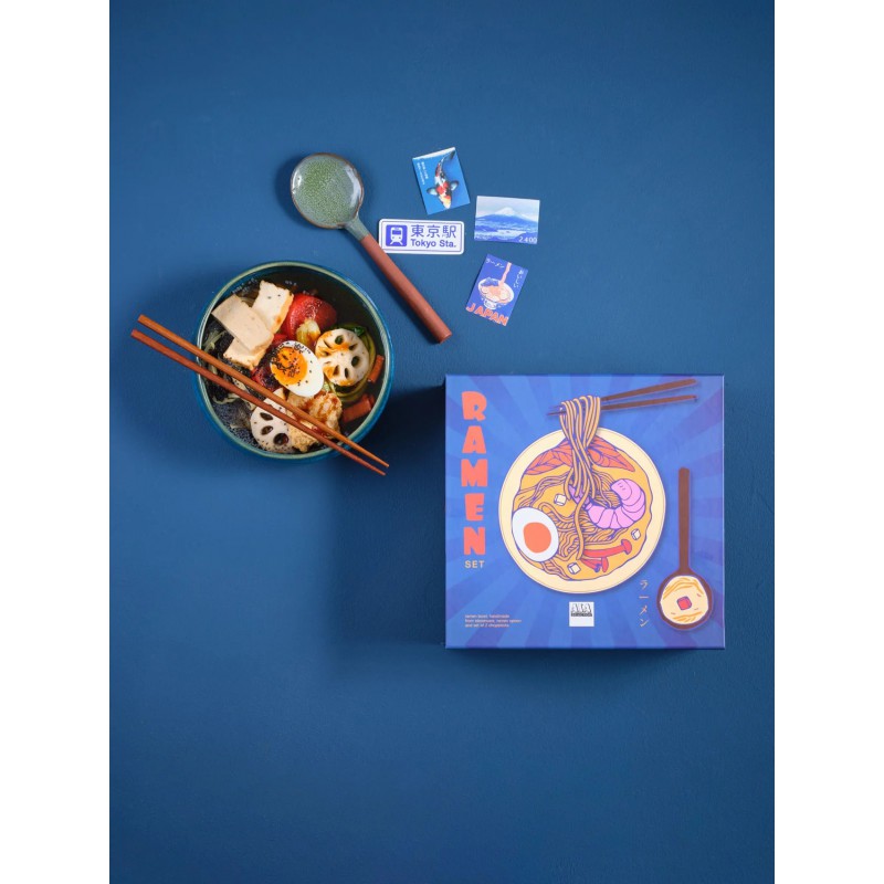 Umami Coffret Bol et Cuillère Grès Bleu pour Ramen Japonais + Baguettes Bois  - ASA Selection