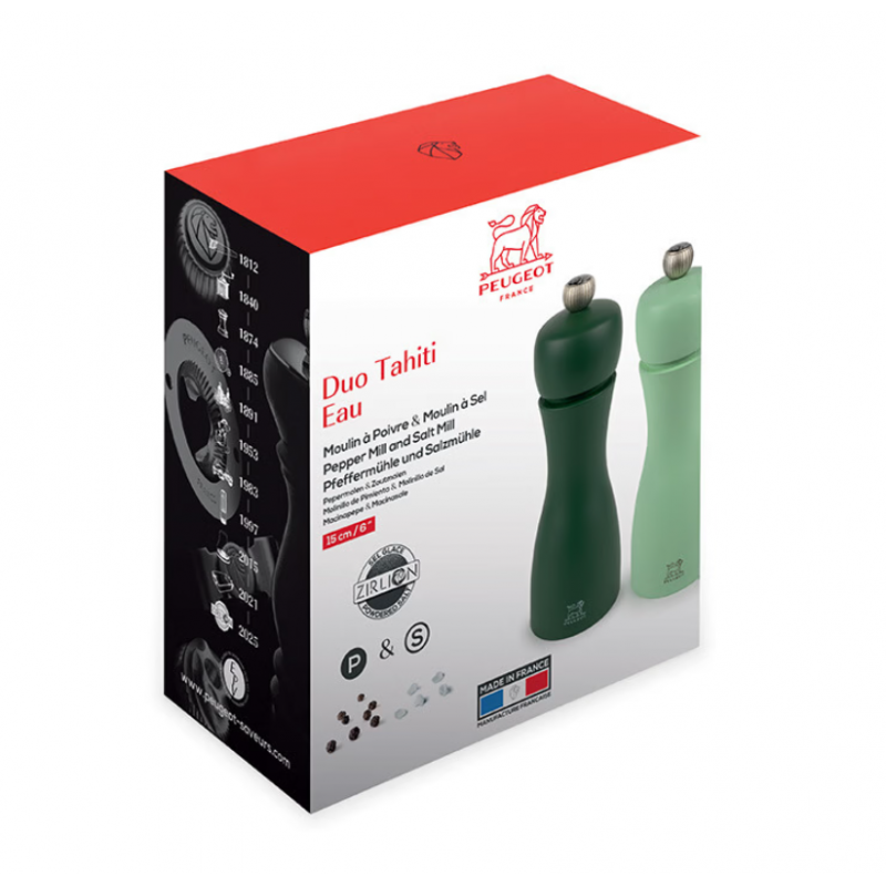 Tahiti Zout- en Pepermolen Set 15 cm Zirlion Water (groene tinten) - Peugeot