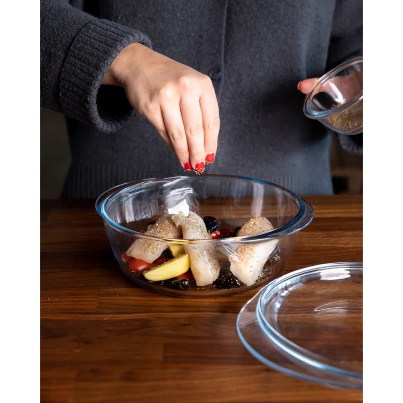Cocotte Plat à Four en Verre Rond 2,2L + Couvercle 0,8L 27x23 cm  - Pyrex