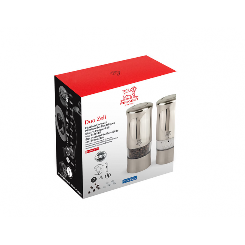 Zeli Duo Moulins à Poivre et à Sel Zirlion Electriques 14cm Effet Inox Brossé - Peugeot