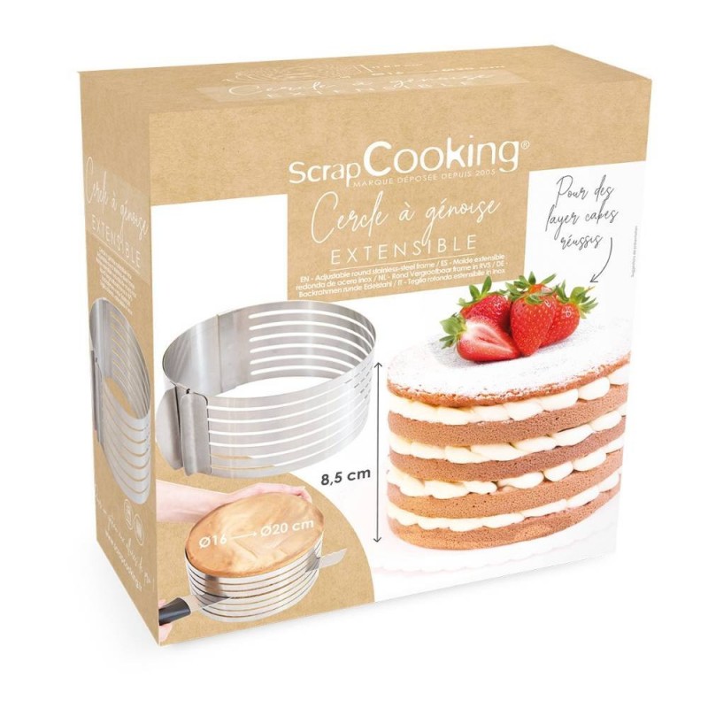 Cercle à Génoise Extensible en Inox 16 à 20 cm Hauteur 8,5 cm - Scrapcooking