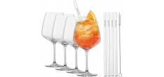 Miovino Spritz-glazen 69 cl met steel + Glazen rietjes + Borstel (4 dlg)