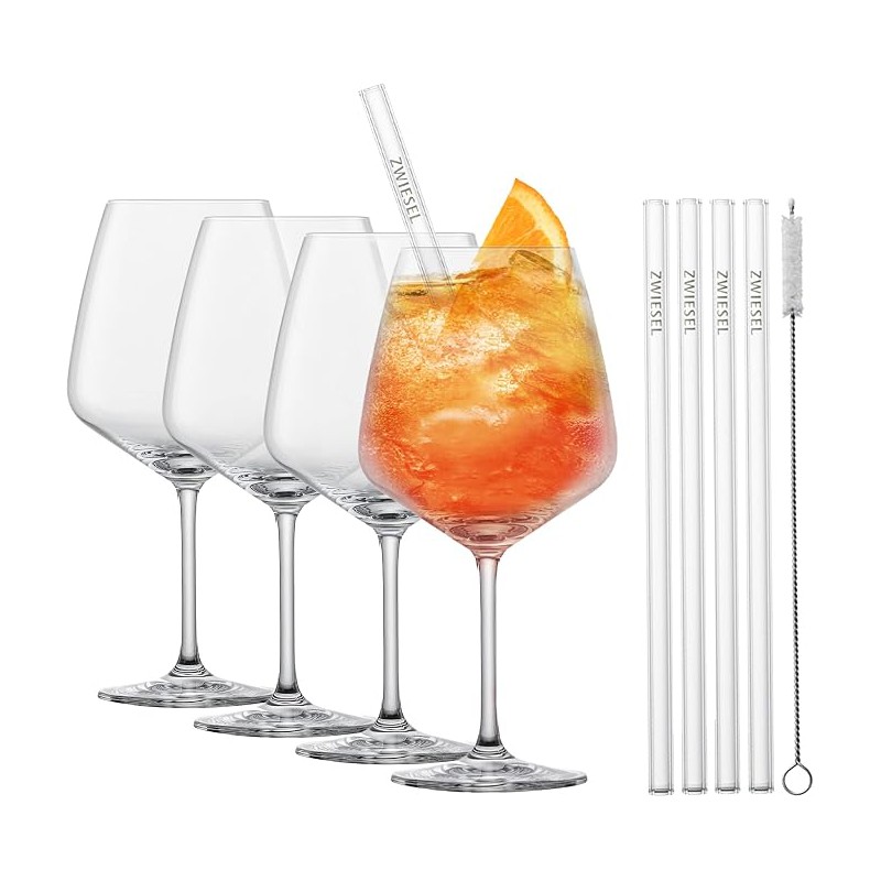 Miovino Spritz-glazen 69 cl met steel + Glazen rietjes + Borstel (4 dlg) - Schott Zwiesel