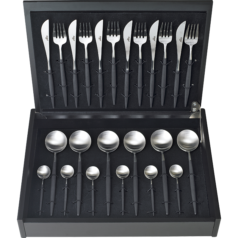 Cutipol - Goa Set Couverts 24 pcs Brossé Manche Noir + Coffret en Bois -  Les Secrets du Chef